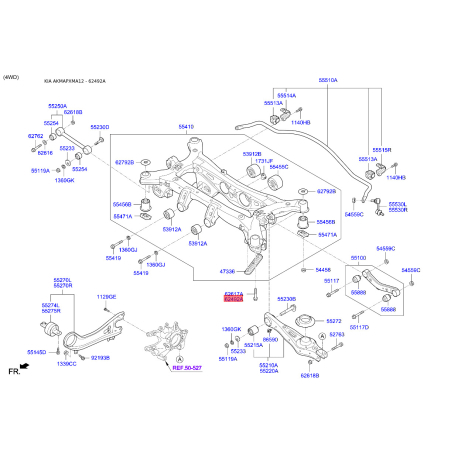 Болт кронштейна поперечной балки (подрамника) 62492-2E100 Mobis - 624922E100 - схема с каталога 62492A, AKMAPXMA12 624922E100