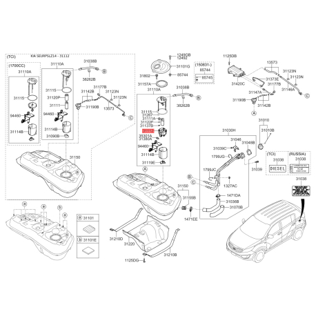 Фильтр топливный 31112-1R100 Mobis - 311121R100 - схема с каталога 31112, SEURPSLZ14 311121R100