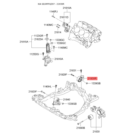 Подушка двигателя задняя 21930-1F300 Mobis - 219301F300 - схема с каталога 21930R, SEURPFQZ07 219301F300