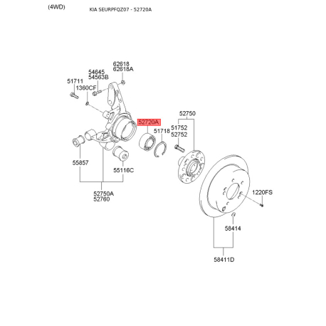 Подшипник ступицы колеса комплект 52720-1F000 Mobis - 527201F000 - схема с каталога 52720A, SEURPFQZ07 527201F000