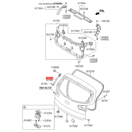 Пружина газовая (упор) крышки багажника левая 81770-3W000 Mobis - 817703W000 - схема с каталога 81770, SEURPSLZ14 817703W000