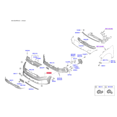 Крепления подкрылка и брызговика 14160-03133 Mobis - 1416003133 - схема с каталога 1416LK, KEURPEX23 1416003133