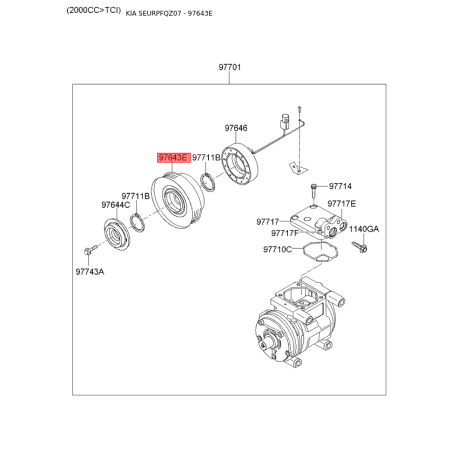 Шкив компрессора кондиционера 97643-2D600 Mobis - 976432D600 - схема с каталога 97643E, SEURPFQZ07 976432D600