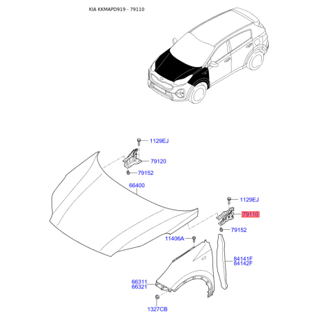 Петля капота ліва 79110-D9000 Mobis - 79110D9000 - схема з каталогу 79110, KKMAPD919 79110D9000