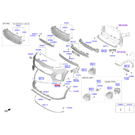 Кронштейн, буфер левый 86553-F1000 Mobis - 86553F1000 - схема с каталога 86515C, SRUSPF119 86553F1000