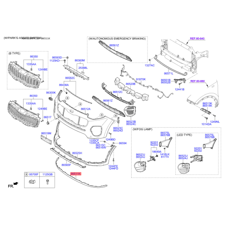 Накладка бампера нижня (губа) 86567-F1000 Mobis - 86567F1000 - схема з каталогу 86511K, SEURPF116 86567F1000