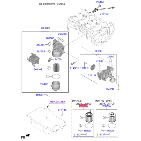 Фильтр масляный 26320-2U000 Mobis - 263202U000 - схема с каталога 26320A, SEURPHW22 263202U000