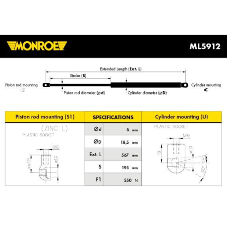Пружина газовая (упор) крышки багажника Monroe - MN ML5912 - изображение №1 MN ML5912