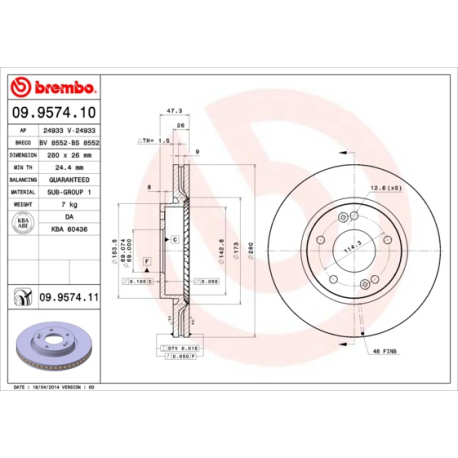 Диск гальмівний Brembo - 09.9574.10 - зображення №1 09.9574.10