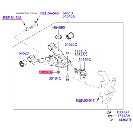 Гайка рычага 13251-10001 Mobis - 1325110001 - схема с каталога 1325CA, KKMAPBL06 1325110001