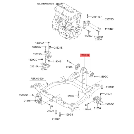 Подушка двигуна задня 21930-2P200 Mobis - 219302P200 - схема з каталогу 21930R, AKMAPXMA09 219302P200