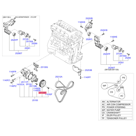Шкив помпы 25129-25001 Mobis - 2512925001 - схема с каталога 25129P, AKMAPXMA09 2512925001