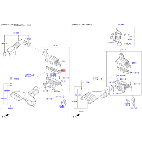 Фильтр воздушный 28113-2P100 Mobis - 281132P100 - схема с каталога 28113, AKMAPTFA14 281132P100