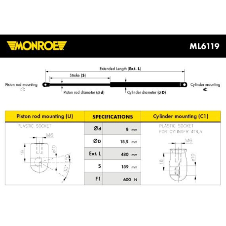 Пружина газова (упор) кришки багажника Monroe - MN ML6119 - зображення №1 MN ML6119