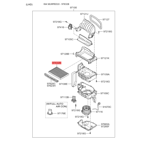 Фільтр салону 97133-2L000 Mobis - 971332L000 - схема з каталогу 97632B, SEURPED10 971332L000