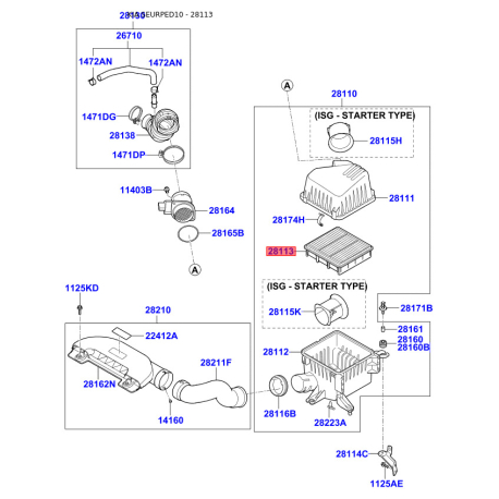 Фільтр повітряний 28113-2H000 Mobis - 281132H000 - схема з каталогу 28113, SEURPED10 281132H000