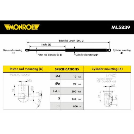 Пружина газовая (упор) крышки багажника Monroe - MN ML5839 - изображение №1 MN ML5839