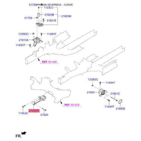Подушка двигателя 21950-2W400 Mobis - 219502W400 - схема с каталога 21950R, KEURPB816 219502W400