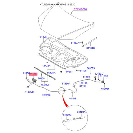 Замок капота 81130-2B010 Mobis - 811302B010 - схема с каталога 81130, AHMAPCMA06 811302B010