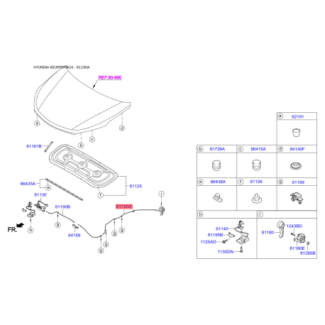 Тросик замка капота 81190-2W000 Mobis - 811902W000 - схема с каталога 81190A, AEURPDMA16 811902W000