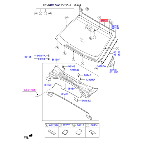 Молдинг (уплотнитель) лобового стекла верхние 86130-2W000 Mobis - 861302W000 - схема с каталога 86131, AEURPDMA16 861302W000