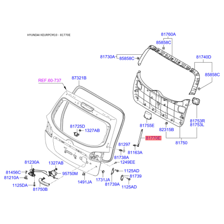 Газовая пружина, дверь 81770-2B001 Mobis - 817702B001 - схема с каталога 81770E, KEURPCM10 817702B001