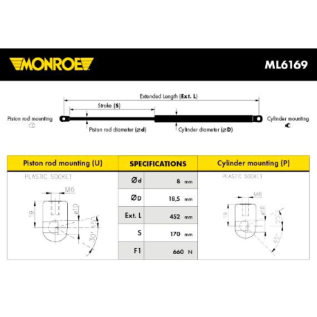 Пружина газовая (упор) крышки багажника Monroe - MN ML6169 - изображение №1 MN ML6169