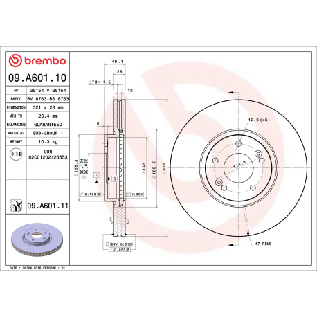Диск тормозной Brembo - 09.A601.11 - изображение №1 09.A601.11