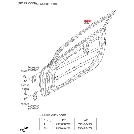 Дверь, кузов левая 76003-A2000 Mobis - 76003A2000 - схема с каталога 76003, SEURPA216 76003A2000