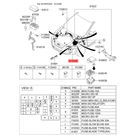 Проводка (жгут, коса) аккумулятора 91200-1H081 Mobis - 912001H081 - схема с каталога 91200B, SEURPED06 912001H081