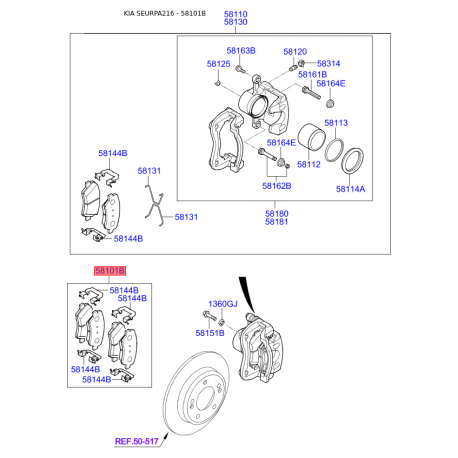 Колодки тормозные дисковые комплект 58101-A6A02 Mobis - 58101A6A02 - схема с каталога 58101B, SEURPA216 58101A6A02