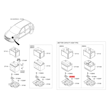 Крепление аккумулятора 37160-22000 Mobis - 3716022000 - схема с каталога 37160A, SEURPED10 3716022000