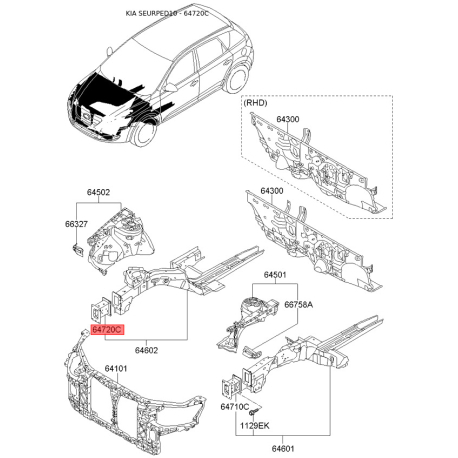 Кронштейн, колесная ниша правая 64720-1H010 Mobis - 647201H010 - схема с каталога 64720C, SEURPED10 647201H010