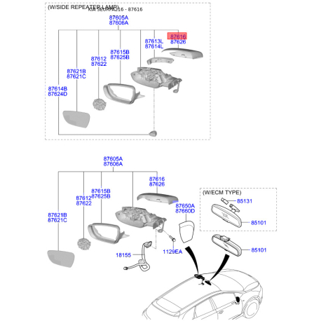 Накладка (крышка) наружного зеркала задняя левая 87616-A2010 Mobis - 87616A2010 - схема с каталога 87616, SEURPA216 87616A2010