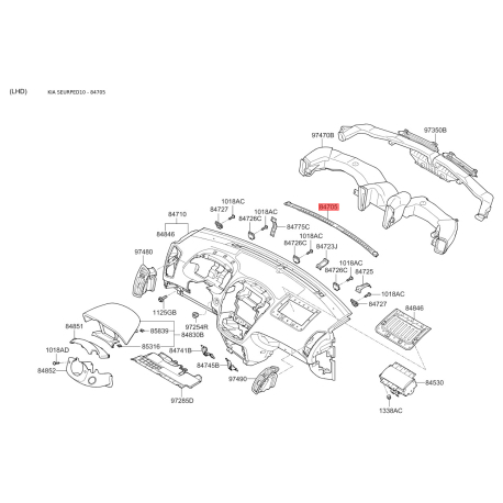 Накладка панели прибров (торпеды) левая 97355-1H005EQ Mobis - 973551H005EQ - схема с каталога 84705, SEURPED10 973551H005EQ