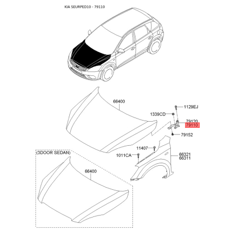 Петля капота левая 79110-1H000 Mobis - 791101H000 - схема с каталога 79110, SEURPED10 791101H000