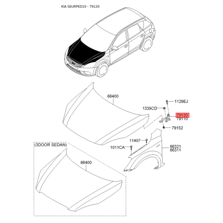 Петля капота правая 79120-1H000 Mobis - 791201H000 - схема с каталога 79120, SEURPED10 791201H000