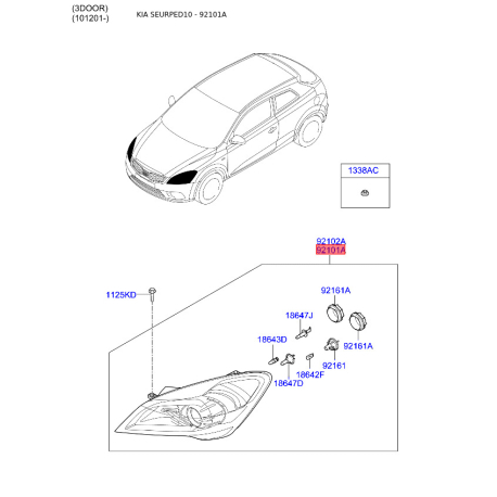 Фара основна ліва 92101-1H500 Mobis - 921011H500 - схема з каталогу 92101A, SEURPED10 921011H500