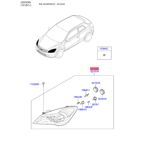 Фара основна права 92102-1H500 Mobis - 921021H500 - схема з каталогу 92102A, SEURPED10 921021H500