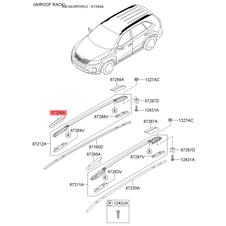 Крепление молдинга крыши правое 87252-2P500FBM Mobis - 872522P500FBM - схема с каталога 87286A, KEURPXM12 872522P500FBM