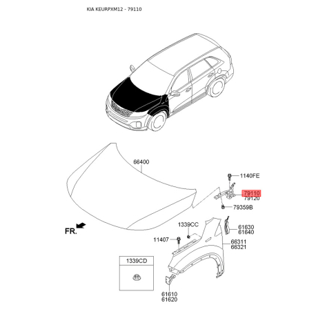Петля капота левая 79110-2P500 Mobis - 791102P500 - схема с каталога 79110, KEURPXM12 791102P500