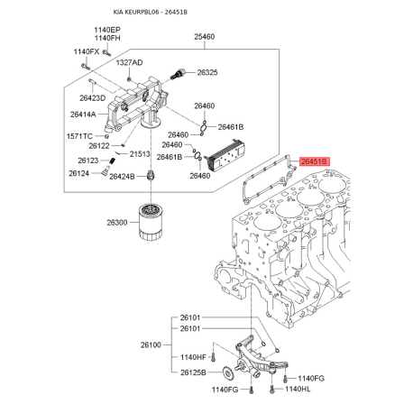 Прокладка, масляный радиатор 26451-4A200 Mobis - 264514A200 - схема с каталога 26451B, KEURPBL06 264514A200