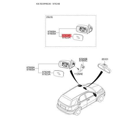 Зеркальный элемент наружного зеркала задний правый 87607-3E200 Mobis - 876073E200 - схема с каталога 87624B, KEURPBL06 876073E200