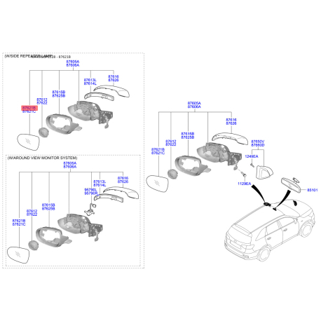 Дзеркальний елемент зовнішнього дзеркала задній правий 87621-C5020 Mobis - 87621C5020 - схема з каталогу 87621B, KRUSPC518 87621C5020