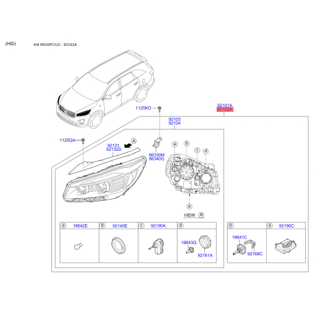 Фара основна права 92102-C5200 Mobis - 92102C5200 - схема з каталогу 92102A, KRUSPC515 92102C5200