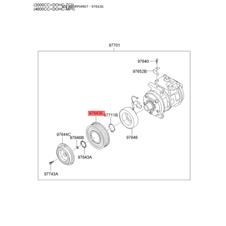 Шків компресора кондиціонера 97643-4D800 Mobis - 976434D800 - схема з каталогу 97643E, KEURPHM07 976434D800