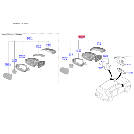 Зеркало наружное заднее левое 87610-F1AC0 Mobis - 87610F1AC0 - схема с каталога 87605A, SRUSPF119 87610F1AC0