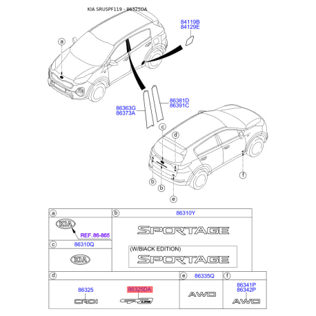 Эмблема задней и боковой двери, капота 86325-D9000 Mobis - 86325D9000 - схема с каталога 86325DA, SRUSPF119 86325D9000