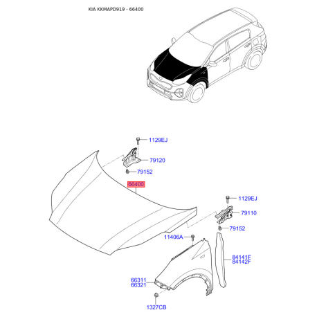Капот двигуна 66400-D9000 Mobis - 66400D9000 - схема з каталогу 66400, KKMAPD919 66400D9000