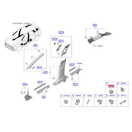 Пистон (клипса) обивки багажника 0K95A-68401 Mobis - 0K95A68401 - схема с каталога 1494GB, KEURPJW22 0K95A68401